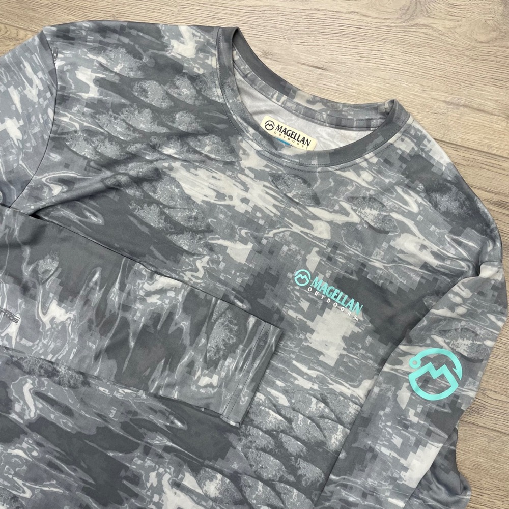 Magellan Fish Gear Shirt Mens M Gray Digital Camo Long Sleeve Fishing Tee
